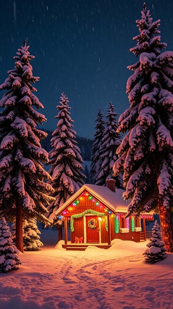 Christmas Night Aesthetic Wallpaper A cozy cabin with Christmas lights in a snowy landscape under a starry night sky.